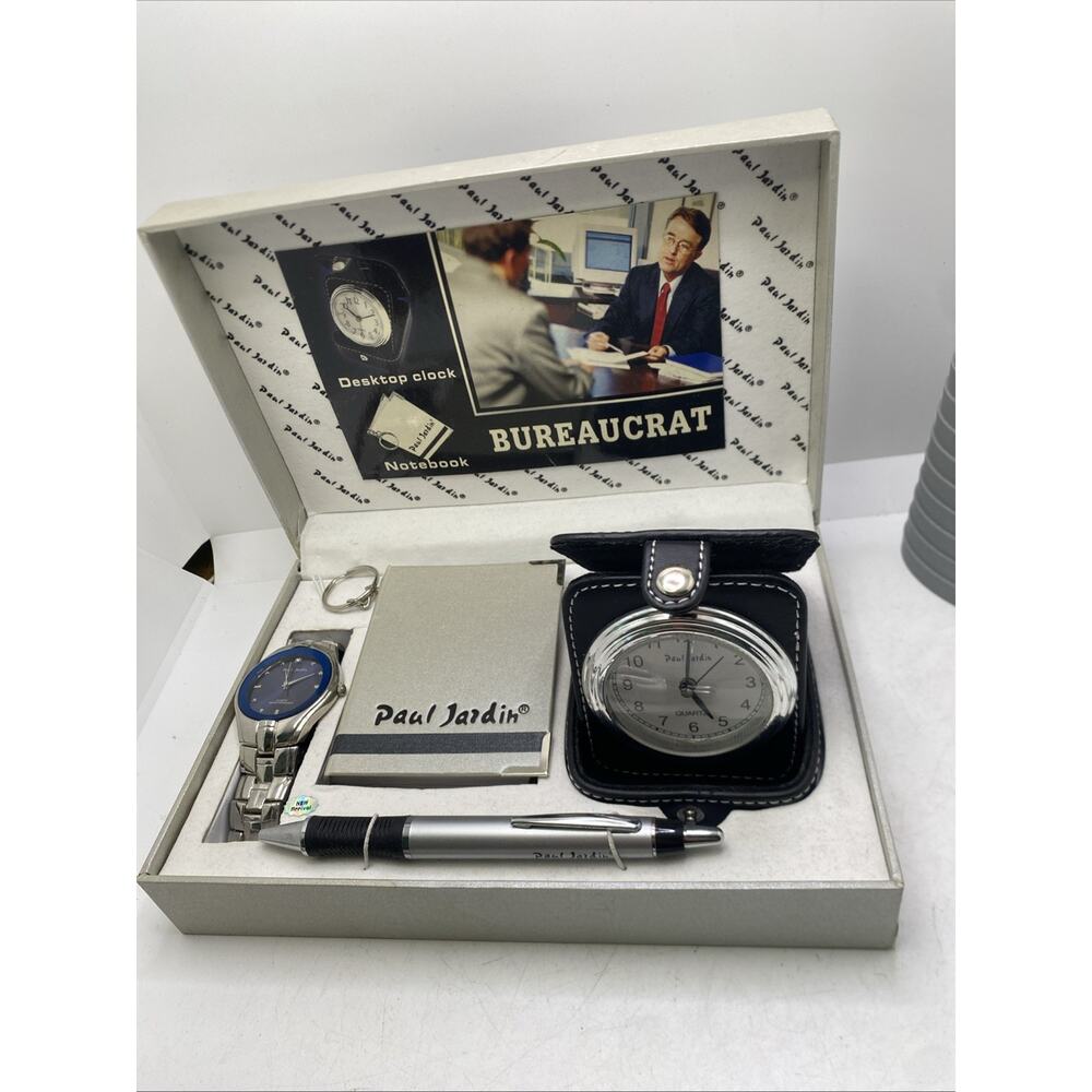 Vintage Paul Jardin Mens Gift Set Watch And Desk Cl0ck Pen Works New Batteries